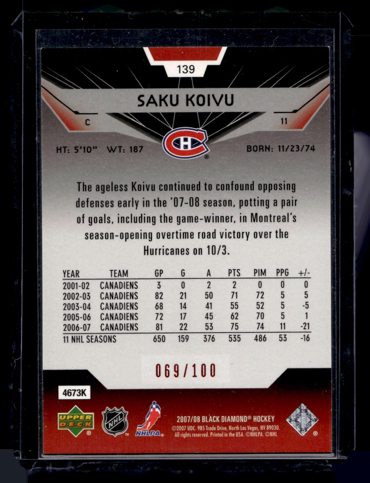 2007-08 Upper Deck Black Diamond - Ruby - Saku Koivu #139 /100