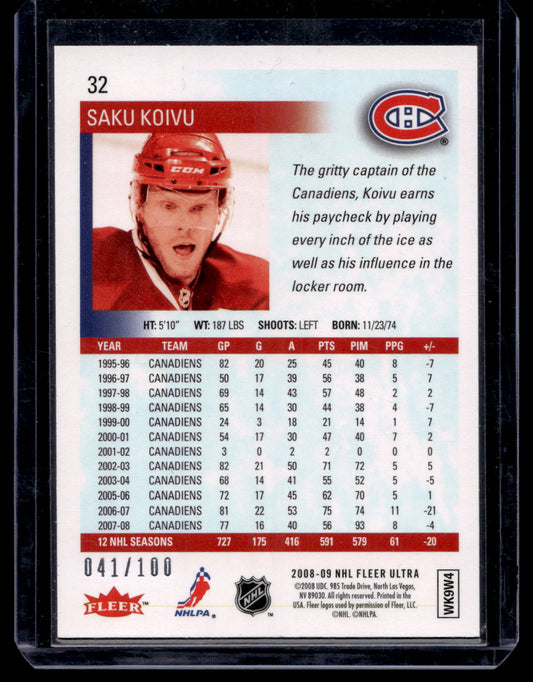 2008-09 Fleer Ultra - Ice Medallion - Saku Koivu #32 /100