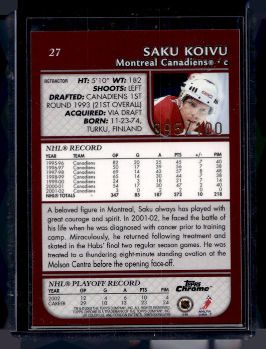 2002-03 Topps Chrome - Black Refractor - Saku Koivu #27 /100