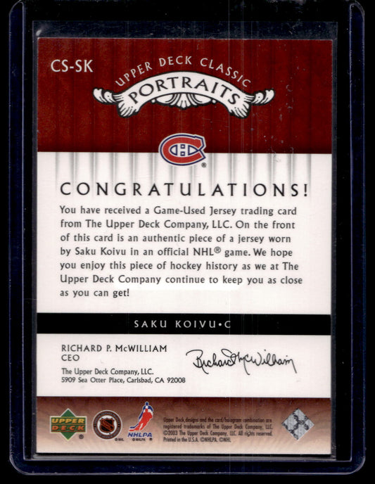 2003-04 Upper Deck Classic Portraits - Classic Stitches - Saku Koivu #CS-SK