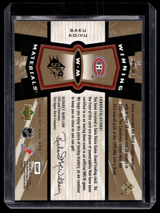 2006-07 Upper Deck SPx - Winning Materials - Saku Koivu #WM-SK