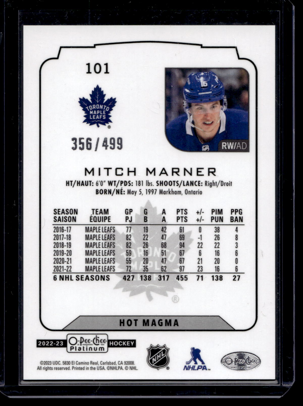 2022-23 O-Pee-Chee Platinum - Hot Magma - Mitch Marner #101 /499