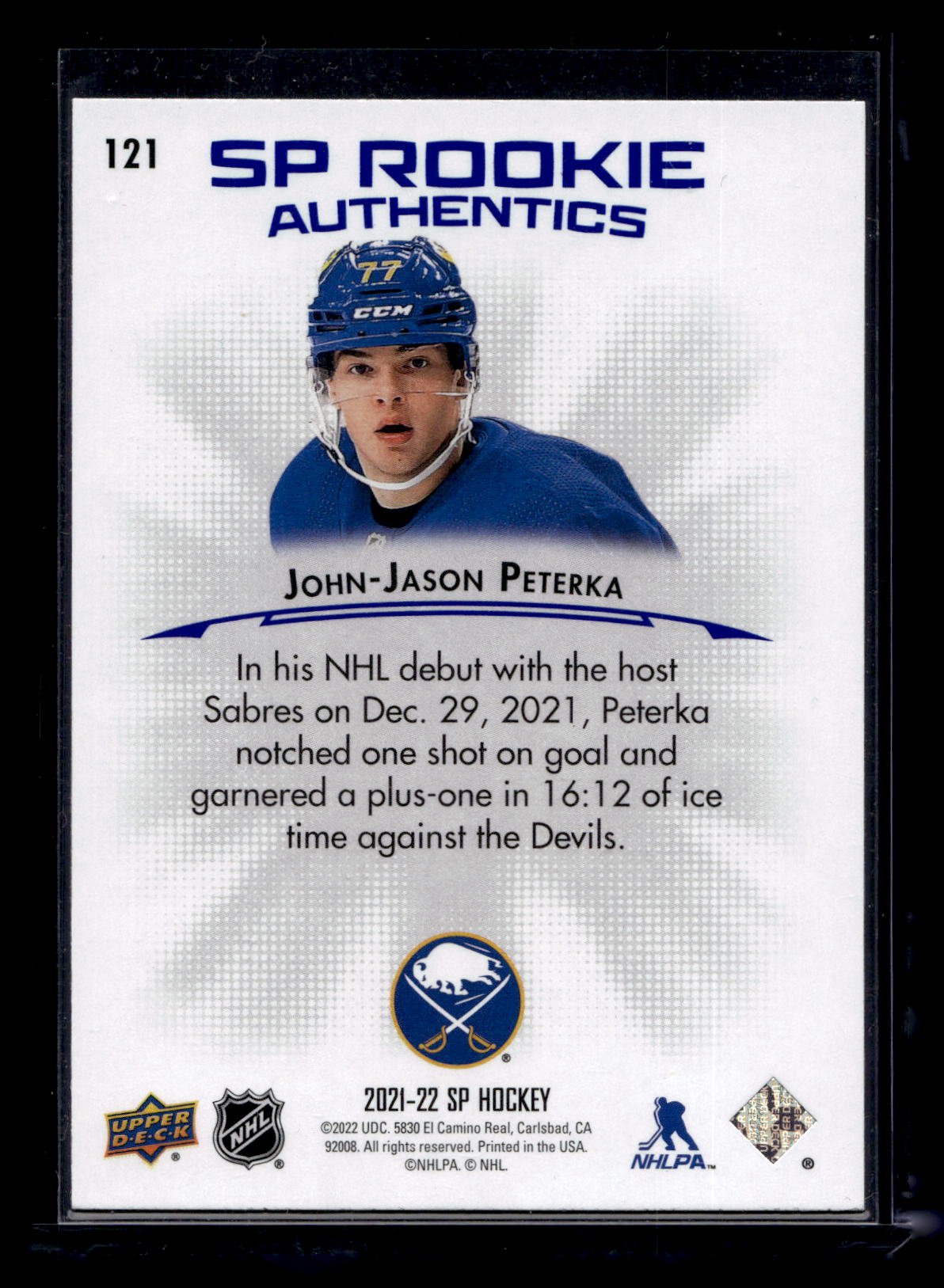 2021-22 Upper Deck SP - Retail - Blue - SP Rookie Authentics - J.J. Peterka #121 RC