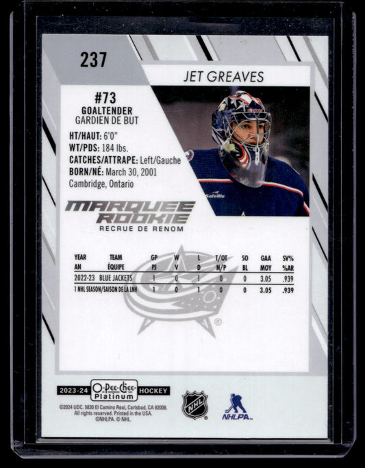 2023-24 Upper Deck OPC Platinum - Marquee Rookies - Jet Greaves #237 RC