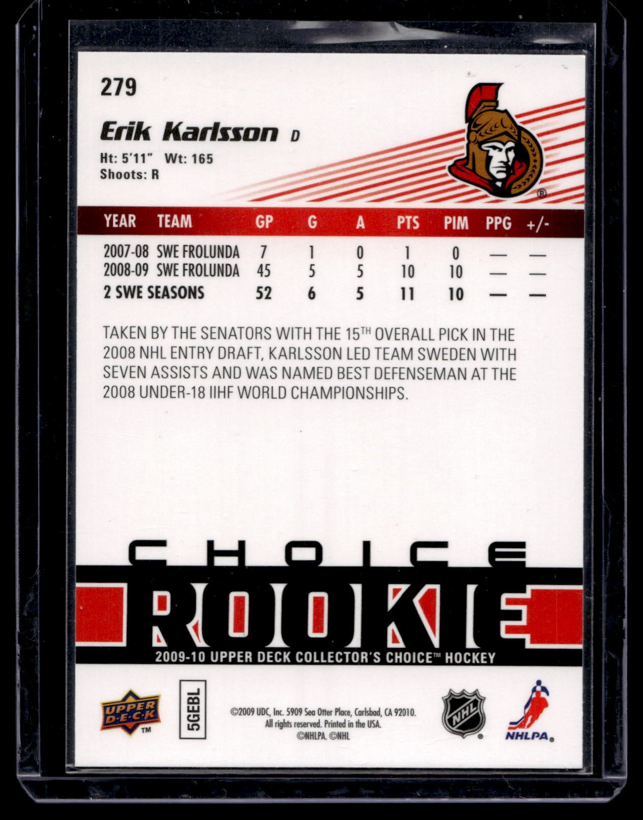 2009-10 Upper Deck Collector's Choice - Choice Rookie - Erik Karlsson #279 RC