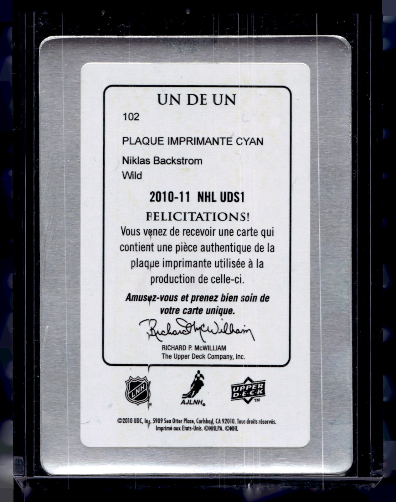 2010-11 Upper Deck UD Printing Plate Cyan - Niklas Backstrom #102 1of1
