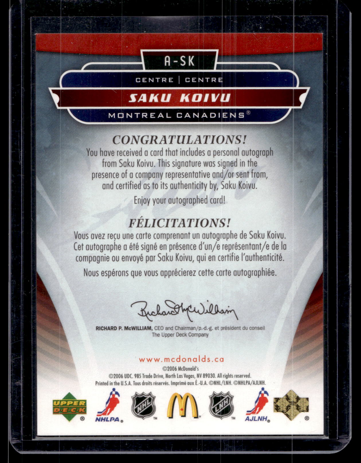 2006-07 Upper Deck McDonald's Autographs - Saku Koivu #A-SK /25