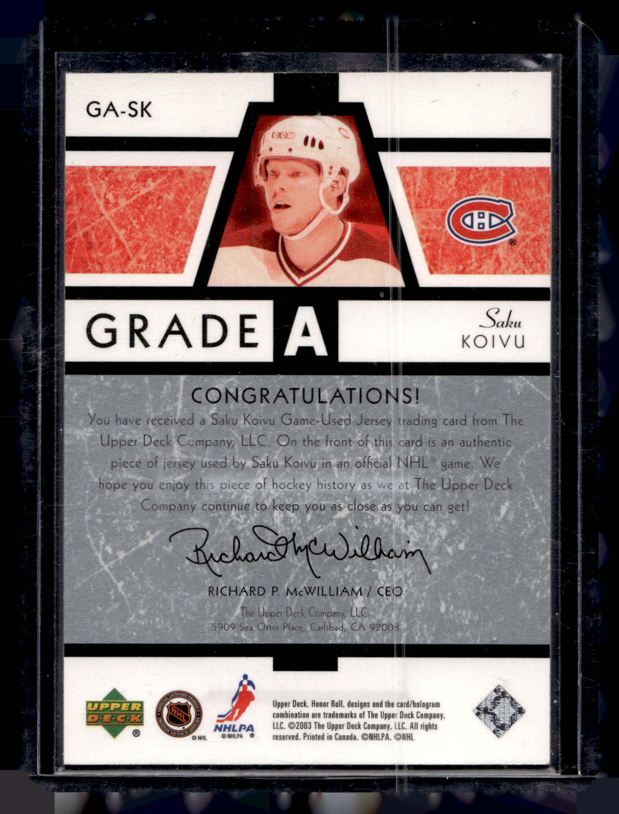 2002-03 Upper Deck Honor Roll - Grade A Jerseys - Saku Koivu #GA-SK