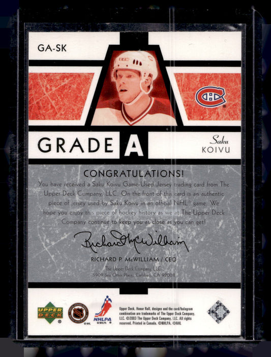 2002-03 Upper Deck Honor Roll - Grade A Jerseys - Saku Koivu #GA-SK