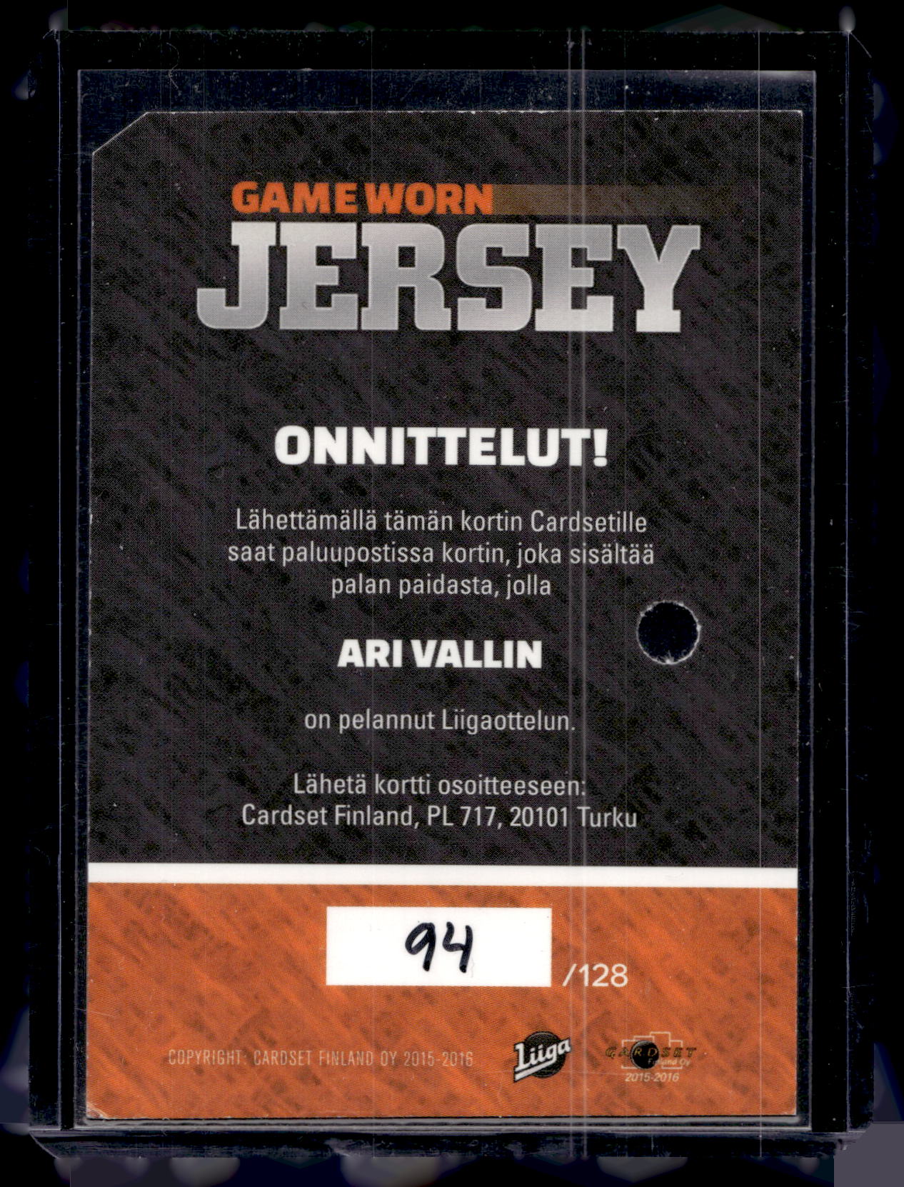 2015-16 Cardset - Game Worn Jersey - Ari Wallin /128