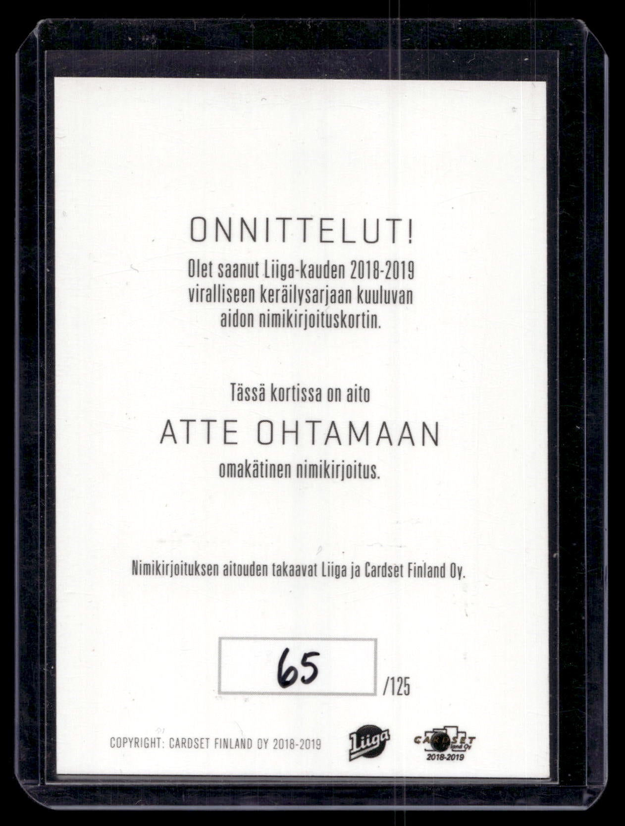 2018-19 Cardset Signature - Atte Ohtamaa /125