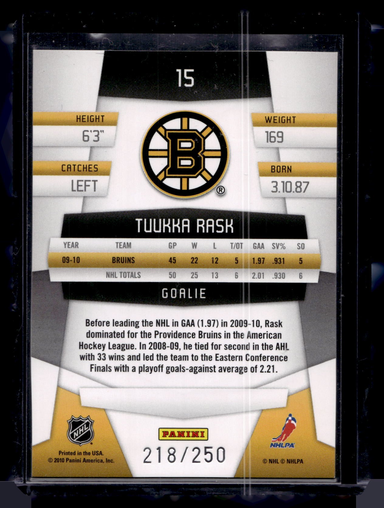 2010-11 Panini Certified - Platinum Blue - Tuukka Rask #15 /250