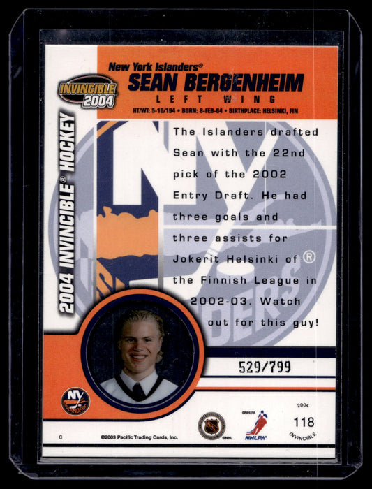 2003-04 Pacific Invincible - Sean Bergenheim #118 /799 RC