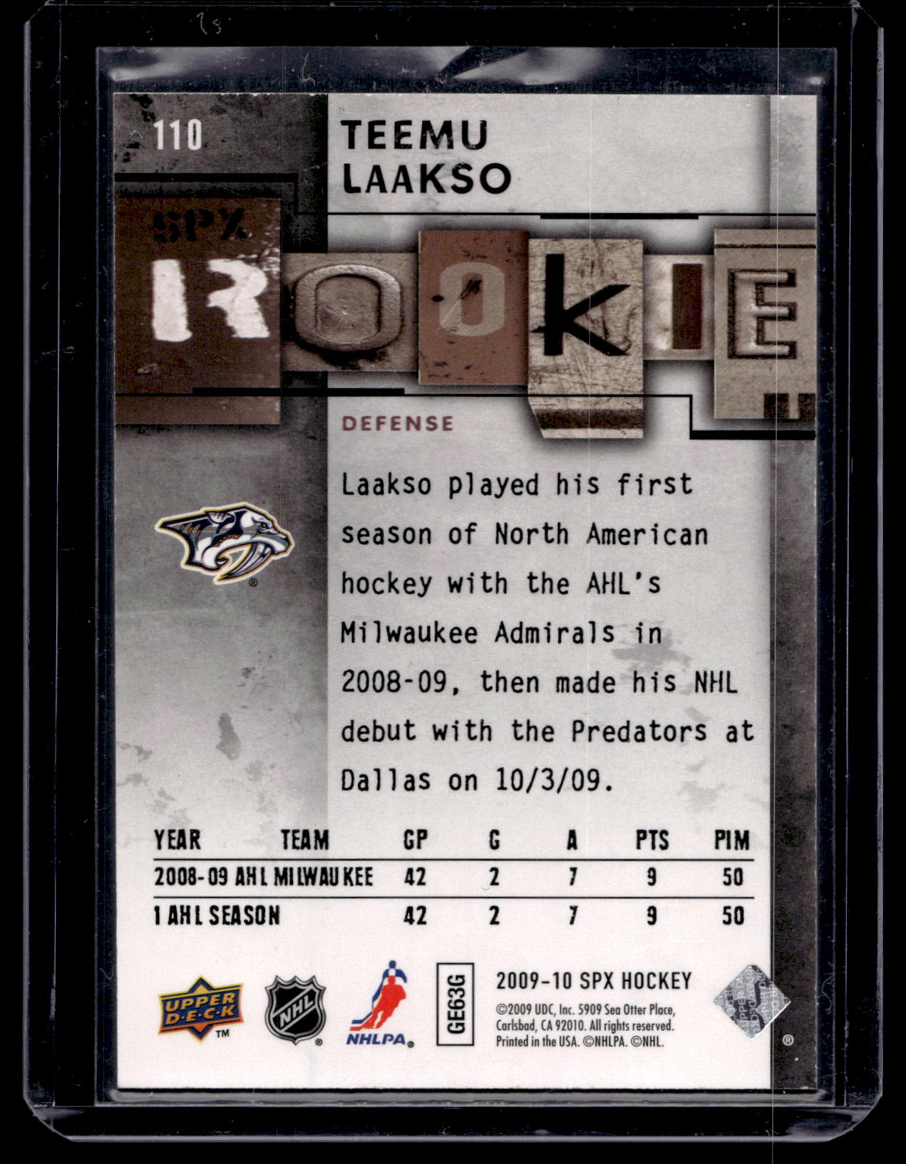 2009-10 Upper Deck SPx - Rookie - Teemu Laakso #110 /499 RC