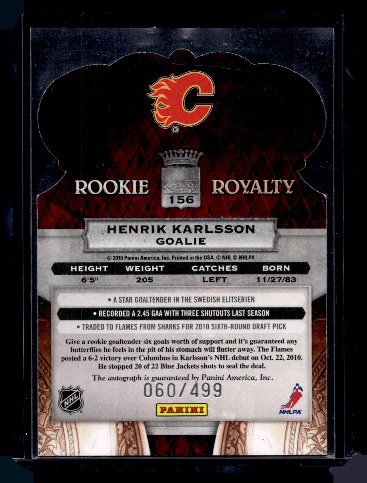 2010-11 Panini Crown Royale - Rookie - Henrik Karlsson #156 /499 RC