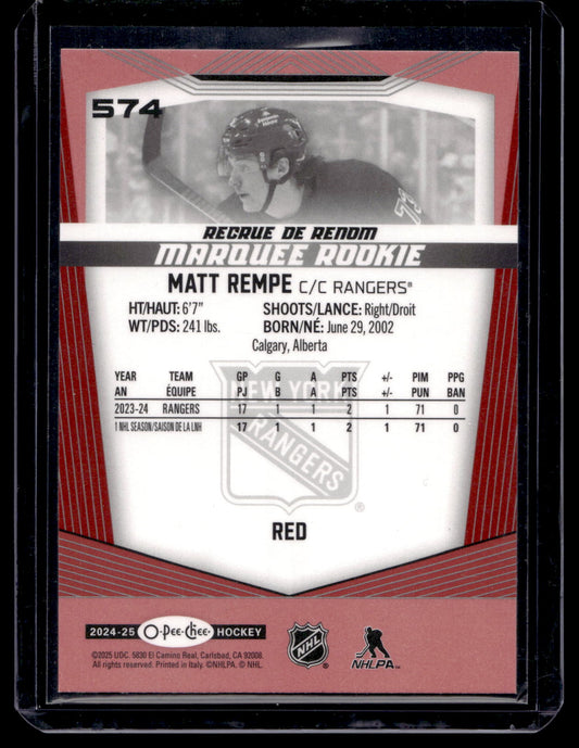 2024-25 O-Pee-Chee - Red - Marquee Rookies - Matt Rempe #550 RC