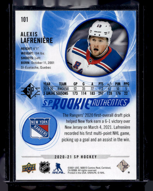 2020-21 Upper Deck SP Retail - Blue - SP Rookie Authentics - Alexis Lafreniere #101 RC