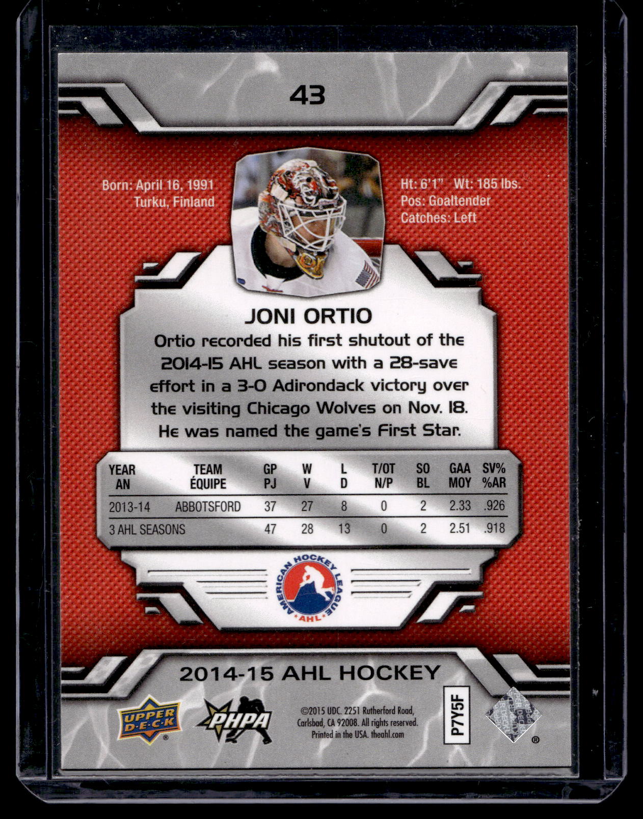 2014-15 Upper Deck AHL - Joni Ortio #43 RY