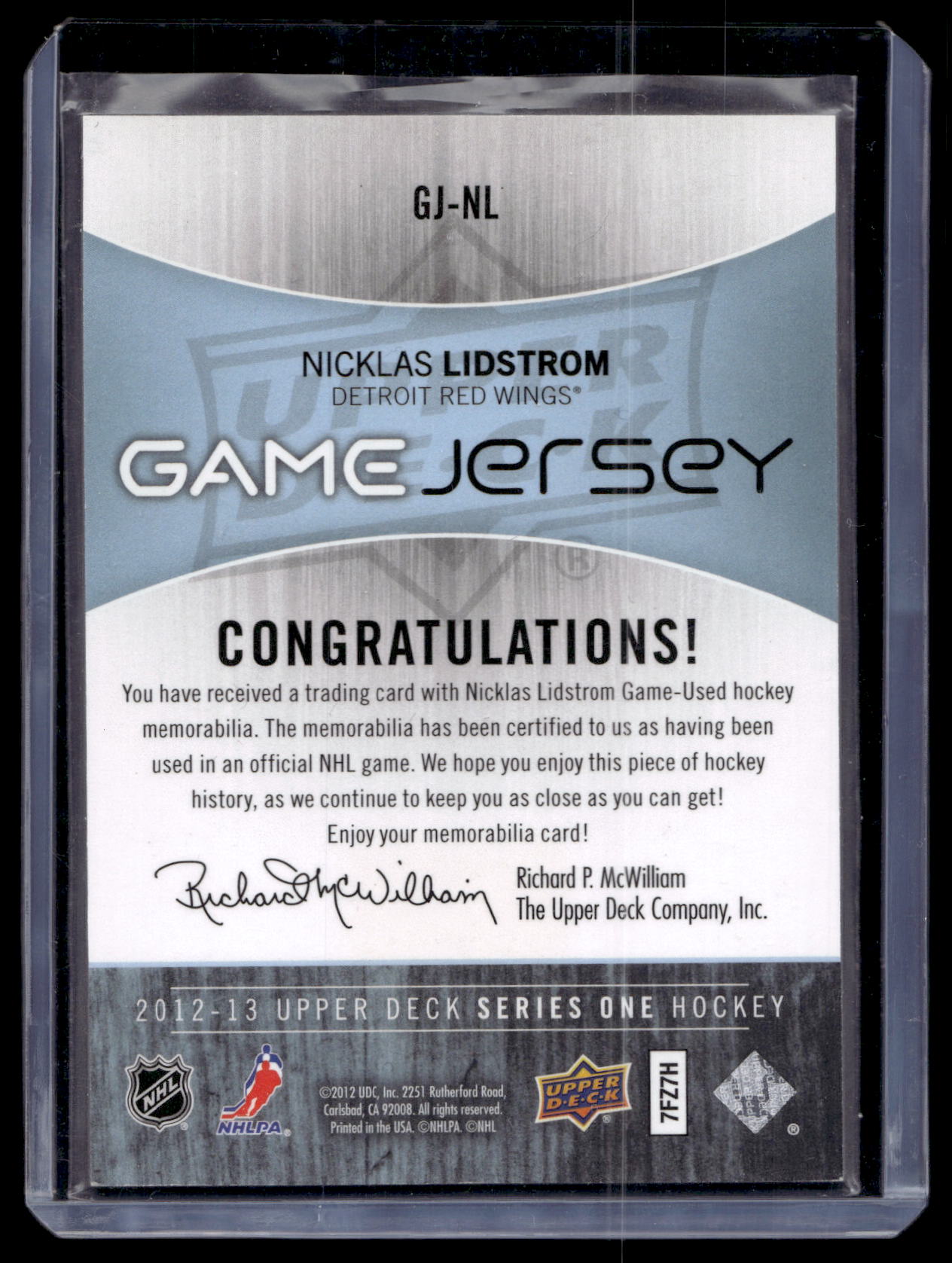 2012-13 Upper Deck - Game Jersey - Nicklas Lidstrom #GJ-NL