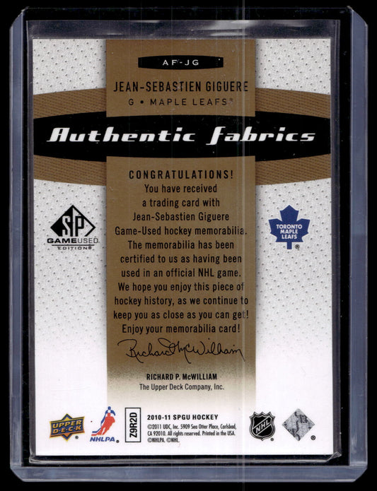 2010-11 Upper Deck SP Game Used Edition - Authentic Fabrics - Gold - Jean-Sebastien Giguere #AF-JG /100
