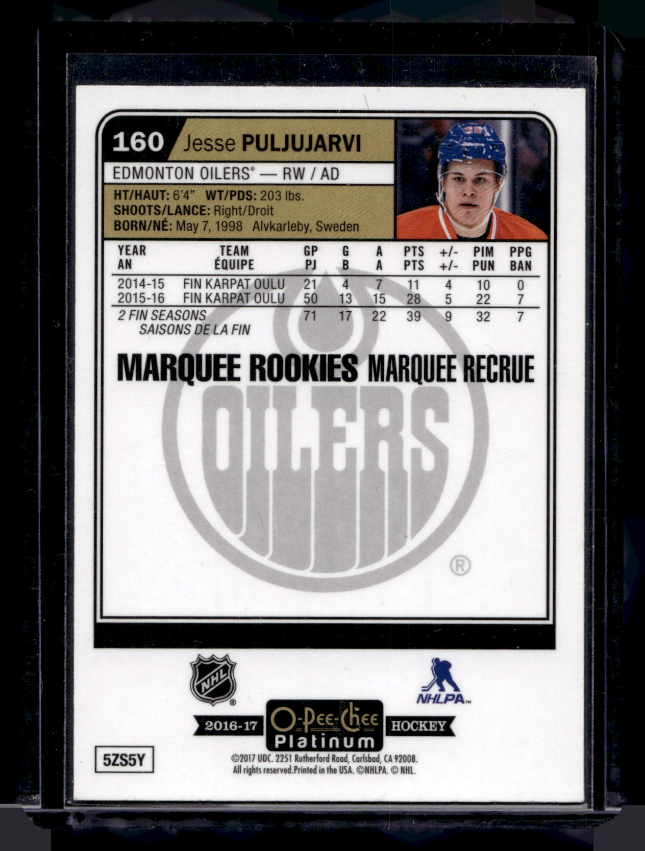 2016-17 Upper Deck OPC Platinum - Marquee Rookies - Jesse Puljujarvi #160 RC