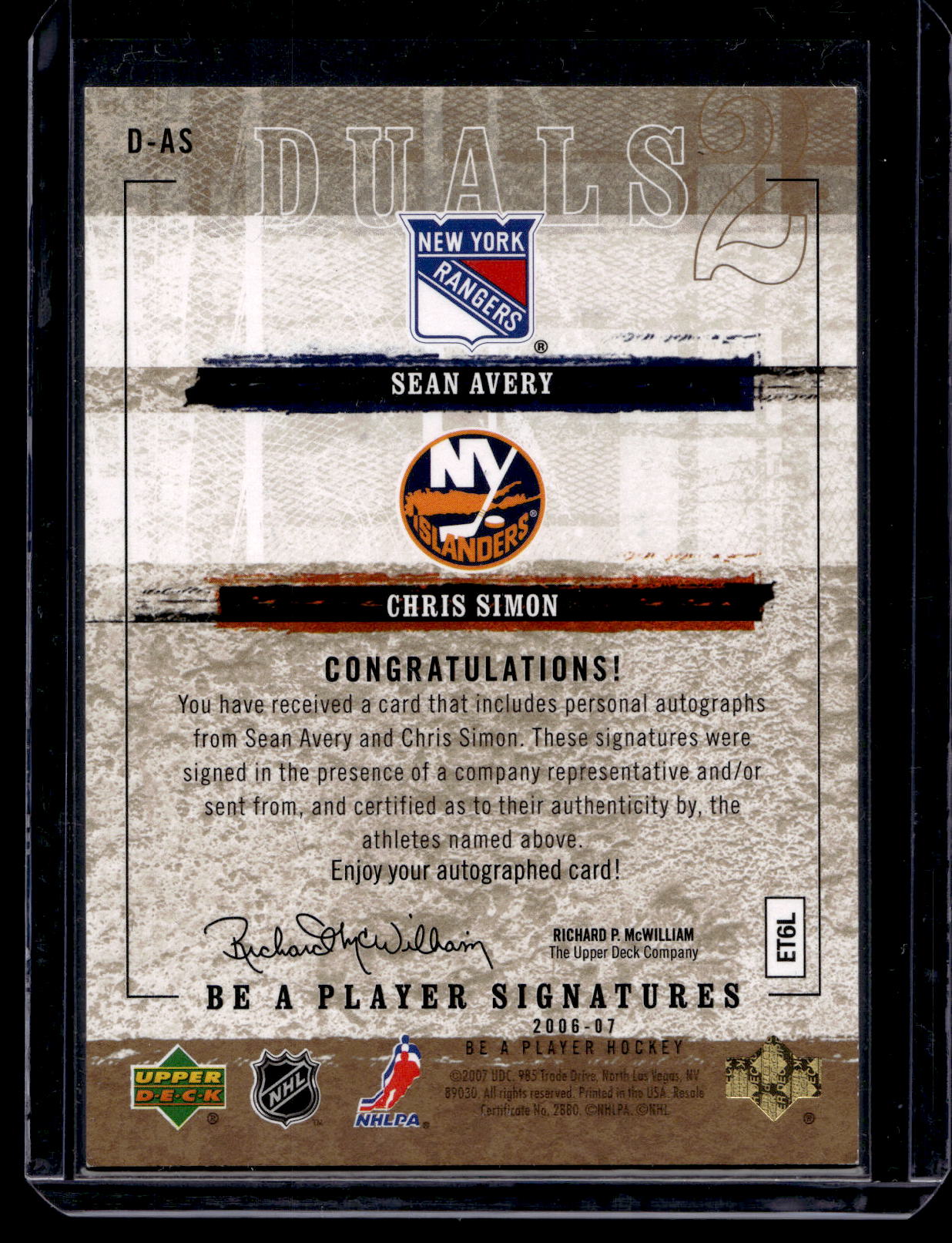 2006-07 Upper Deck Be a Player - Signatures Duals - Sean Avery / Chris Simon #D-AS