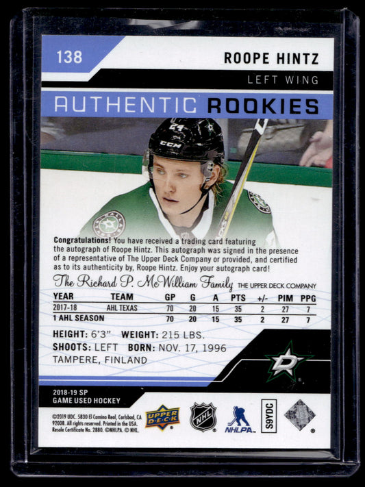 2018-19 Upper Deck SP Game Used - Blue Auto - Authentic Rookies - Roope Hintz #138 RC