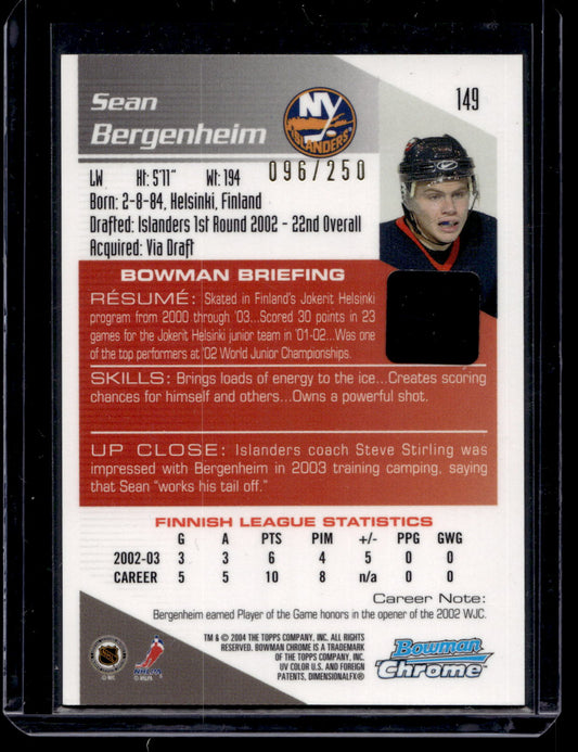 2003-04 Bowman Chrome Draft Picks & Prospects - Sean Bergenheim #149 /250 RC