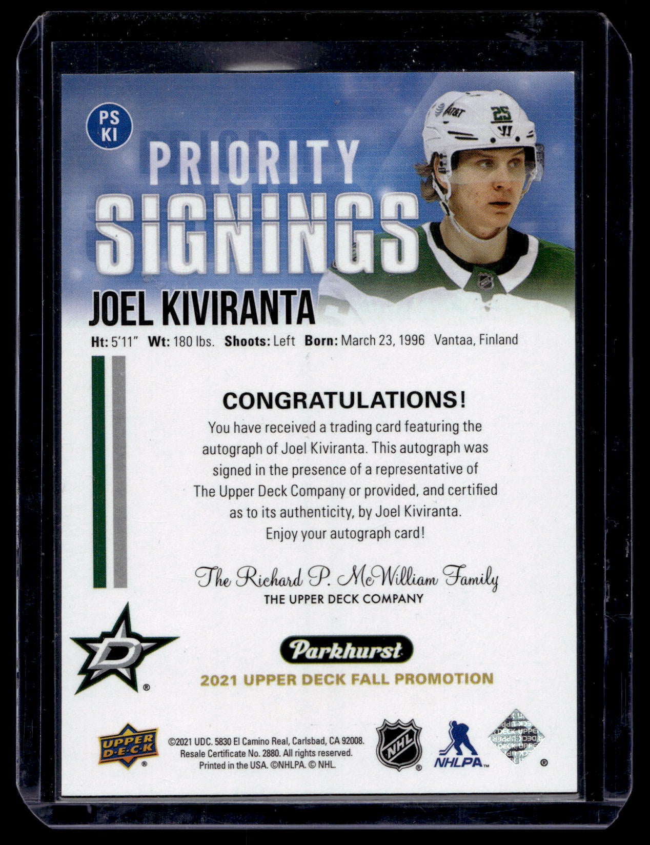 2021-22 Upper Deck Fall Promotion - Parkhurst Priority Signings - Joel Kiviranta #PSKI /75