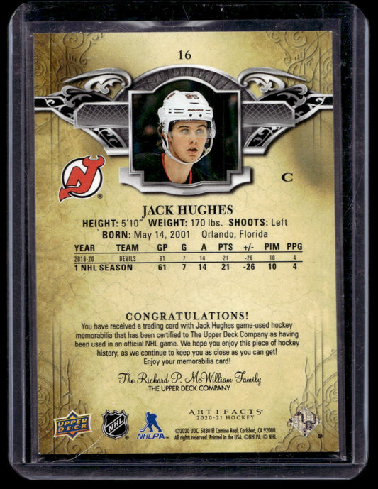 2020-21 Upper Deck Artifacts - Material Gold - Jack Hughes #16 /175