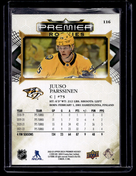 2022-23 Upper Deck Premier - Gold - Rookies - Juuso Parssinen #116 /65 RC