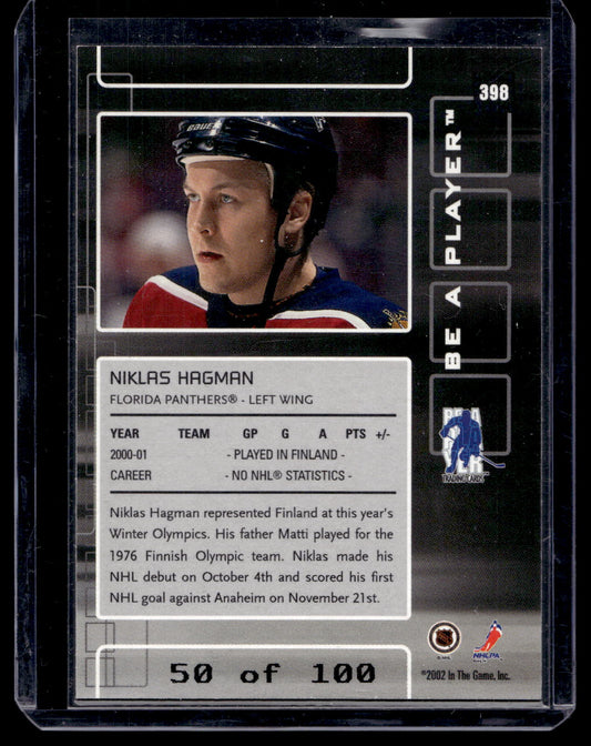 2001-02 In the Game Be A Player Memorabilia - Sapphire - Niklas Hagman #398 /100 RC