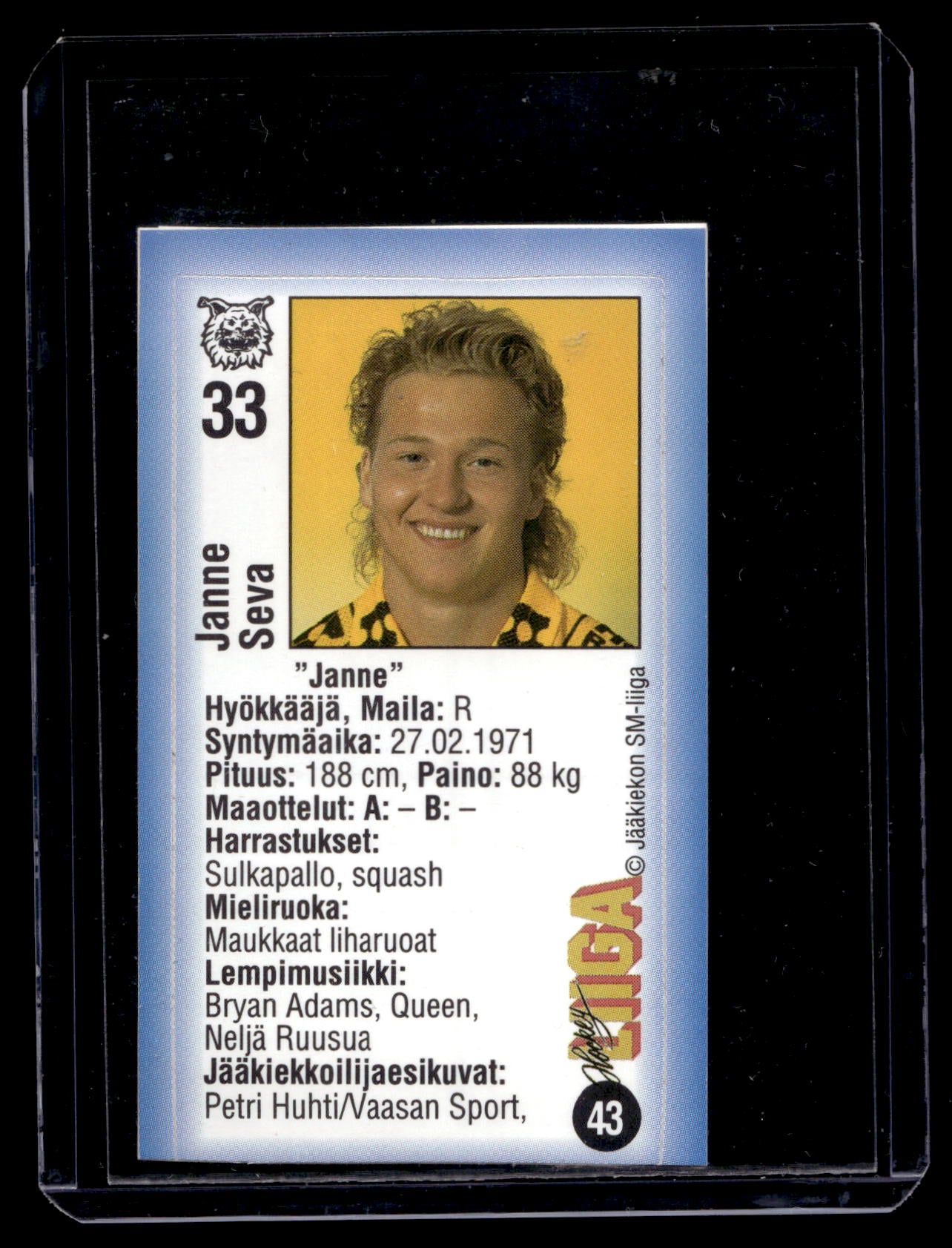 1992-93 JyväsHyvä HockeyLiiga - Janne Seva #43