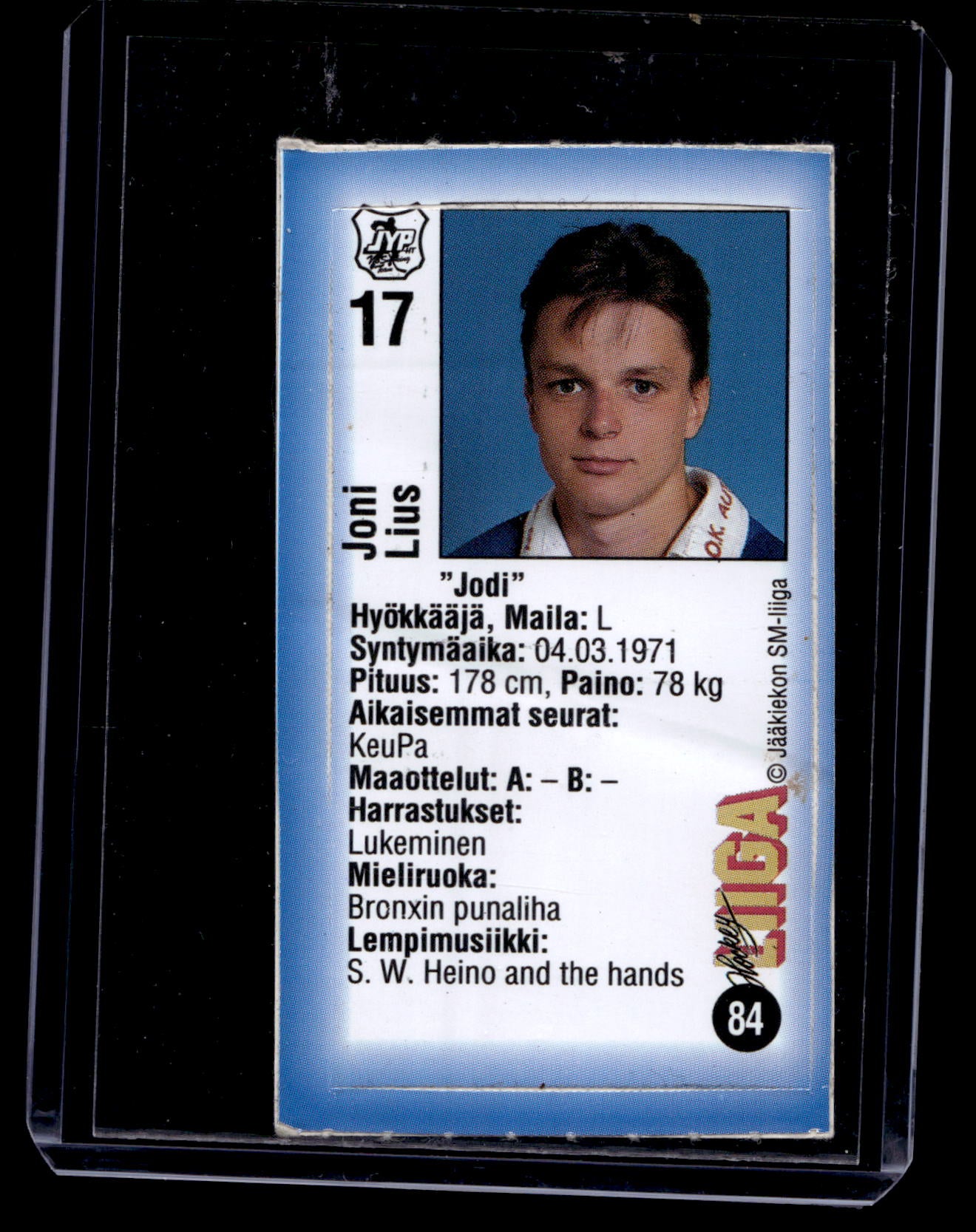 1992-93 JyväsHyvä HockeyLiiga - Joni Lius #84