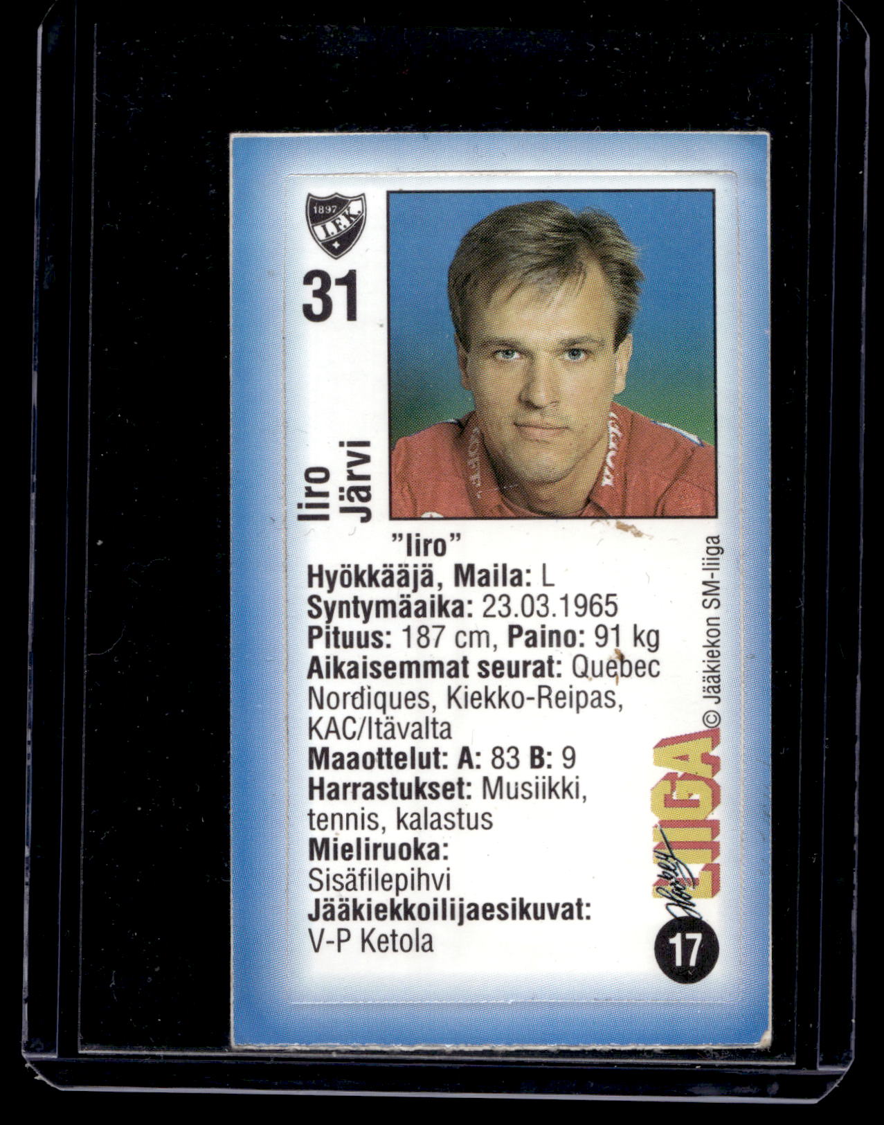 1992-93 JyväsHyvä HockeyLiiga - Iiro Järvi #17