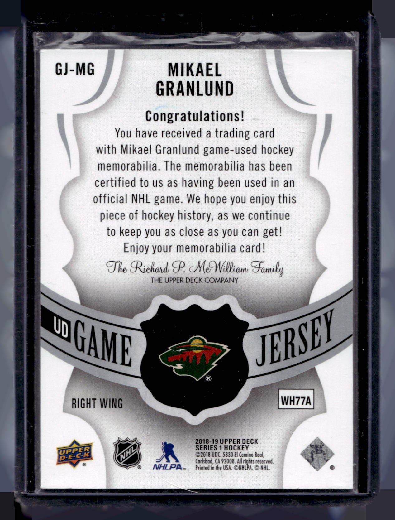 2018-19 Upper Deck - UD Game Jersey - Mikael Granlund #GJ-MG