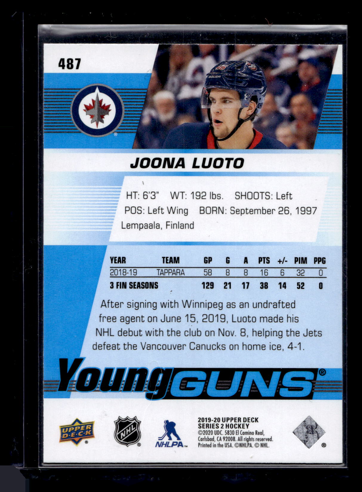 2019-20 Upper Deck Young Guns - Joona Luoto #487 RC