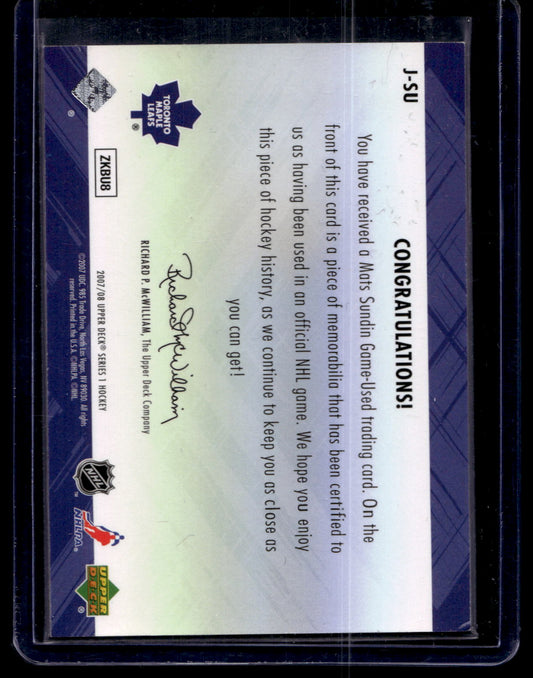 2007-08 Upper Deck - Game Jersey Series 1 - Mats Sundin #J-SU