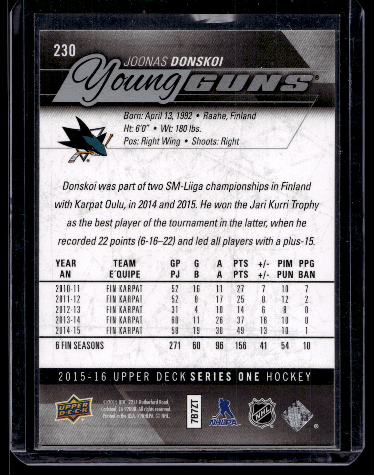 2015-16 Upper Deck Young Guns - Joonas Donskoi #230 RC