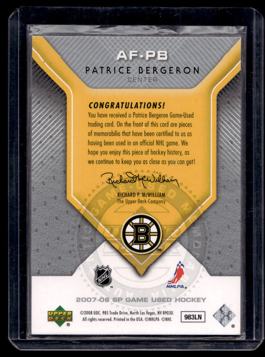 2007-08 Upper Deck SP Game Used Edition - Authentic Fabrics - Patrice Bergeron #AF-PB