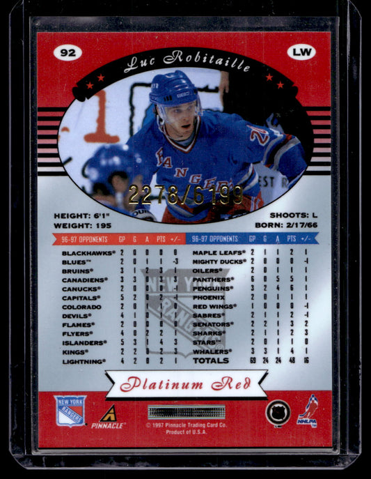 1997-98 Pinnacle Totally Certified - Platinum Red - Luc Robitaille #92 /6199