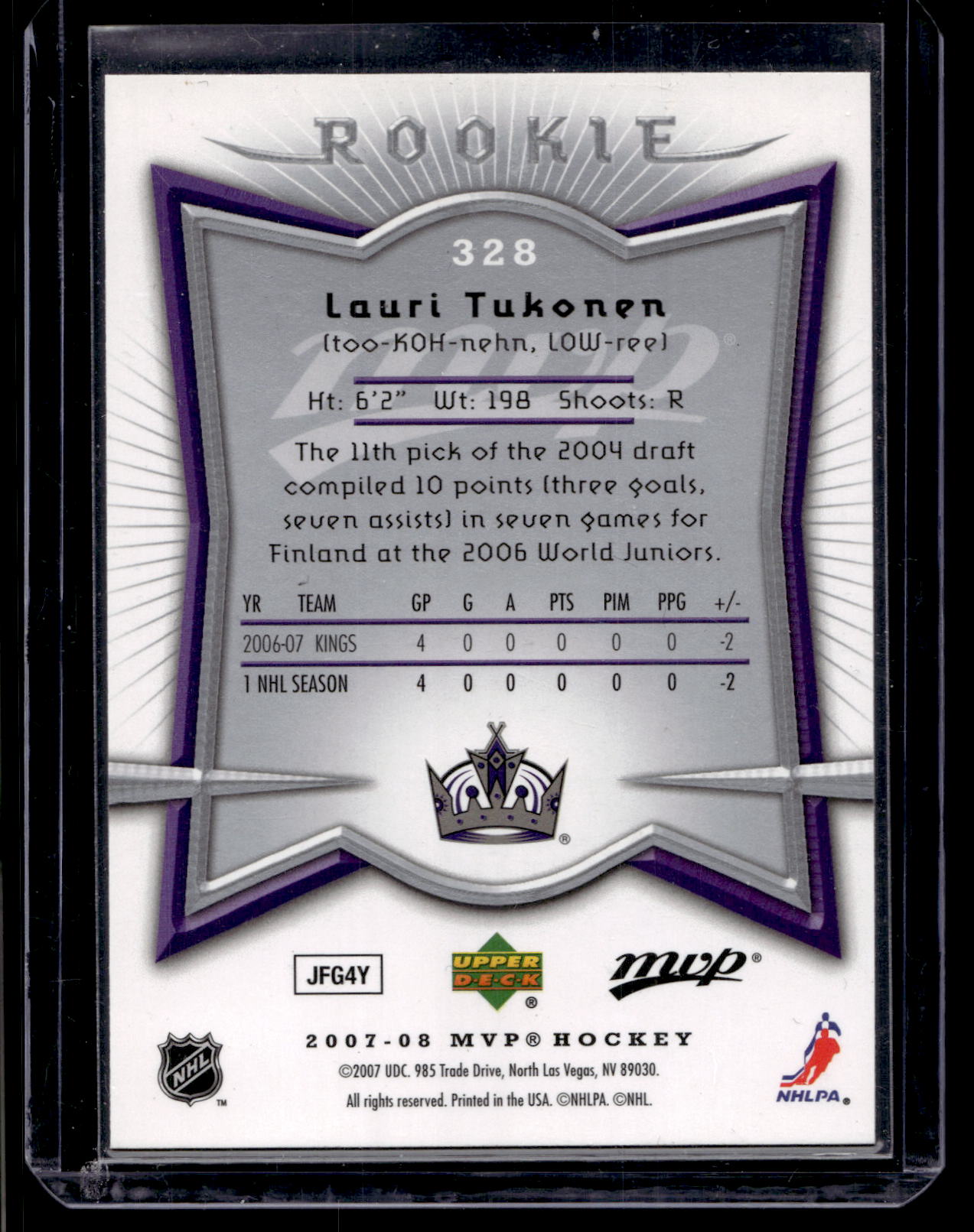 2007-08 Upper Deck MVP - Rookie - Lauri Tukonen #328 RC