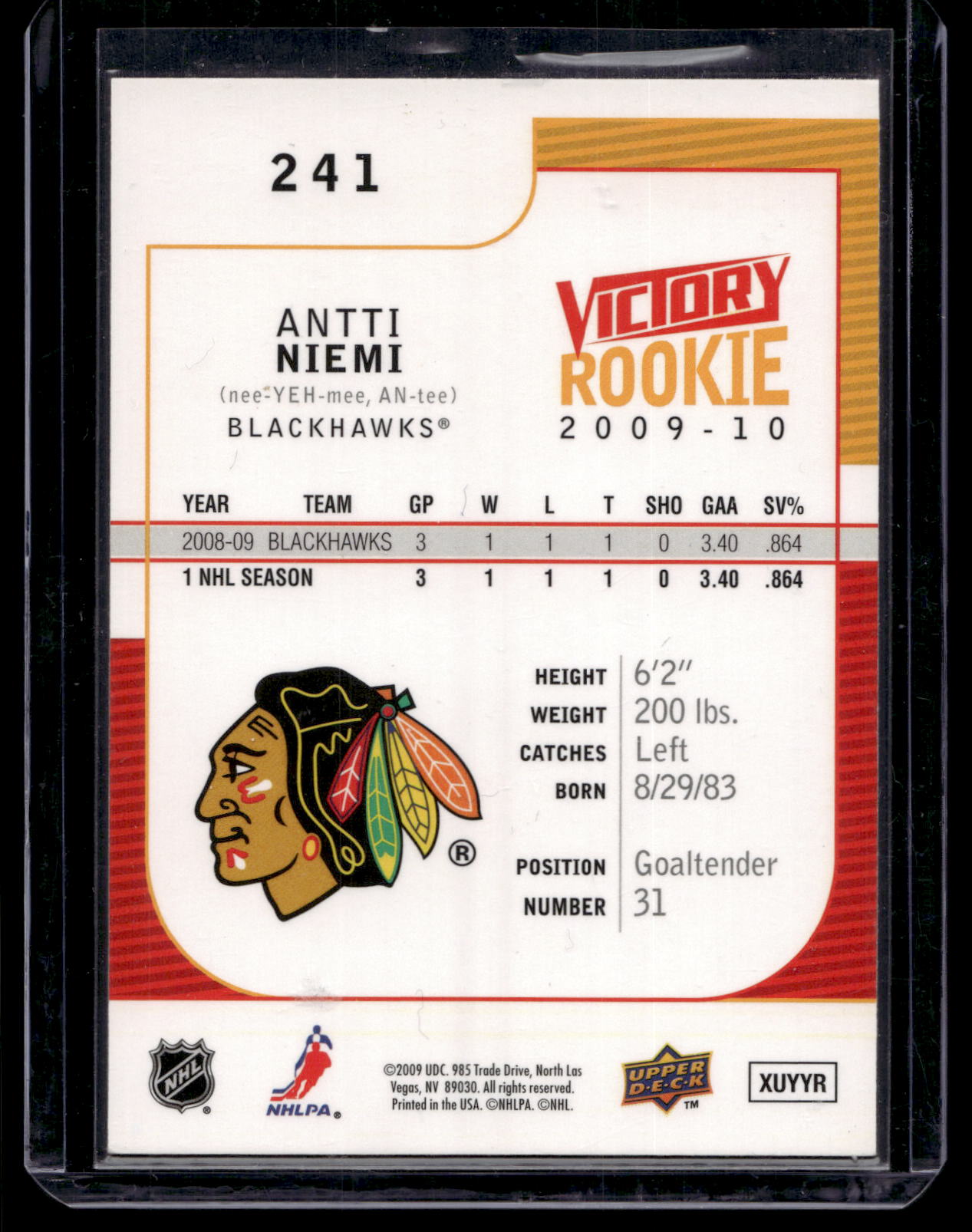 2009-10 Upper Deck Victory - Rookie - Antti Niemi #241