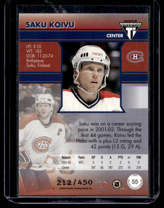 2002-03 Pacific Private Stock Titanium - Blue - Saku Koivu #55 /450