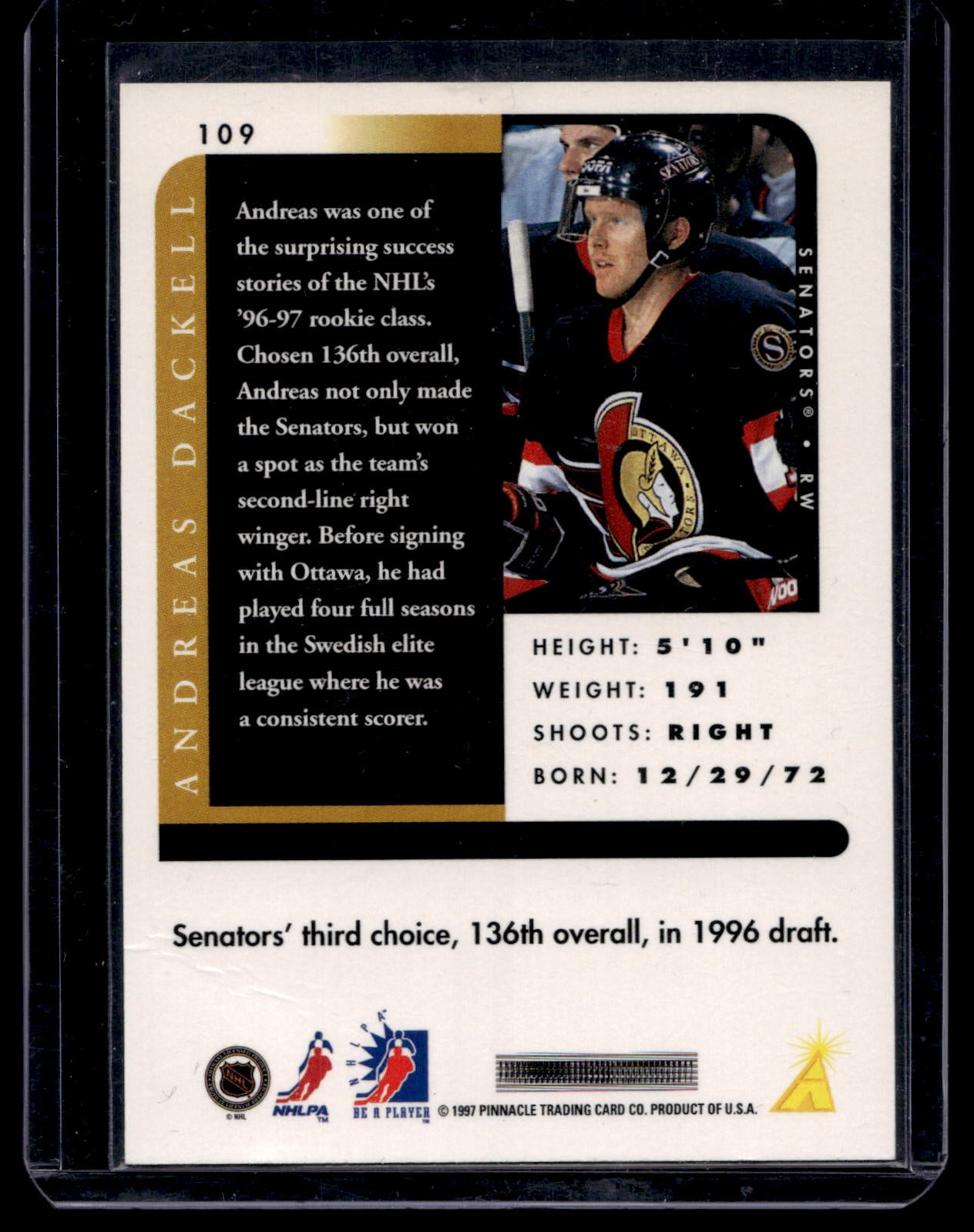 1996-97 Pinnacle Be A Player - Autographs - Andreas Dackell #109 RC