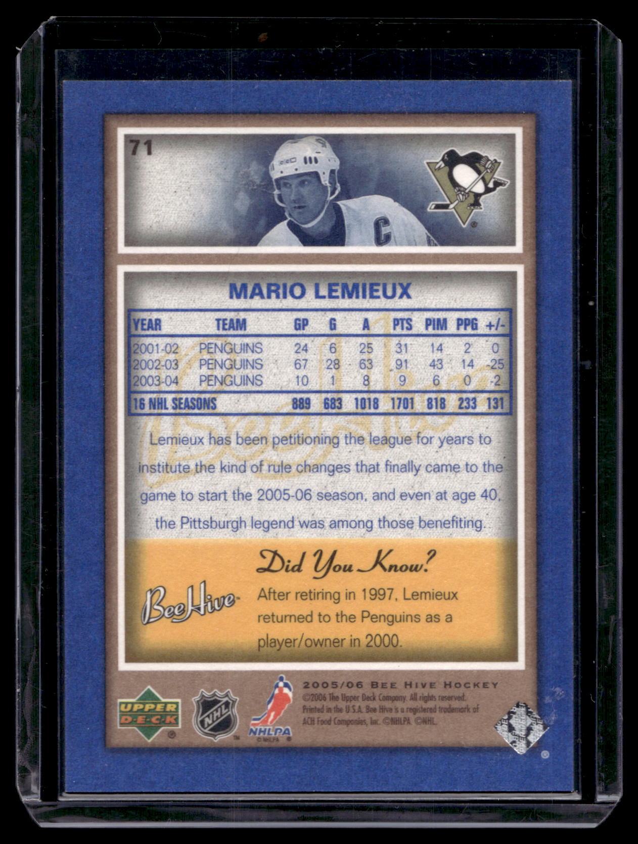 2005-06 Upper Deck Bee Hive - Blue - Mario Lemieux #71