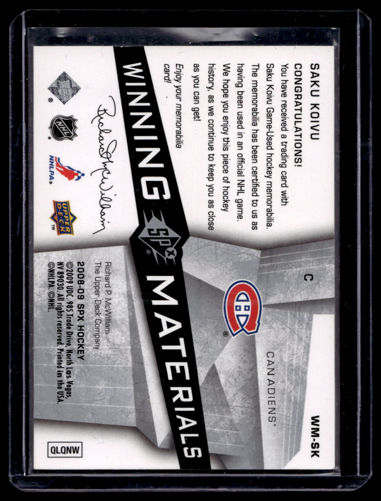 2008-09 Upper Deck SPx - Winning Materials - Saku Koivu #WM-SK