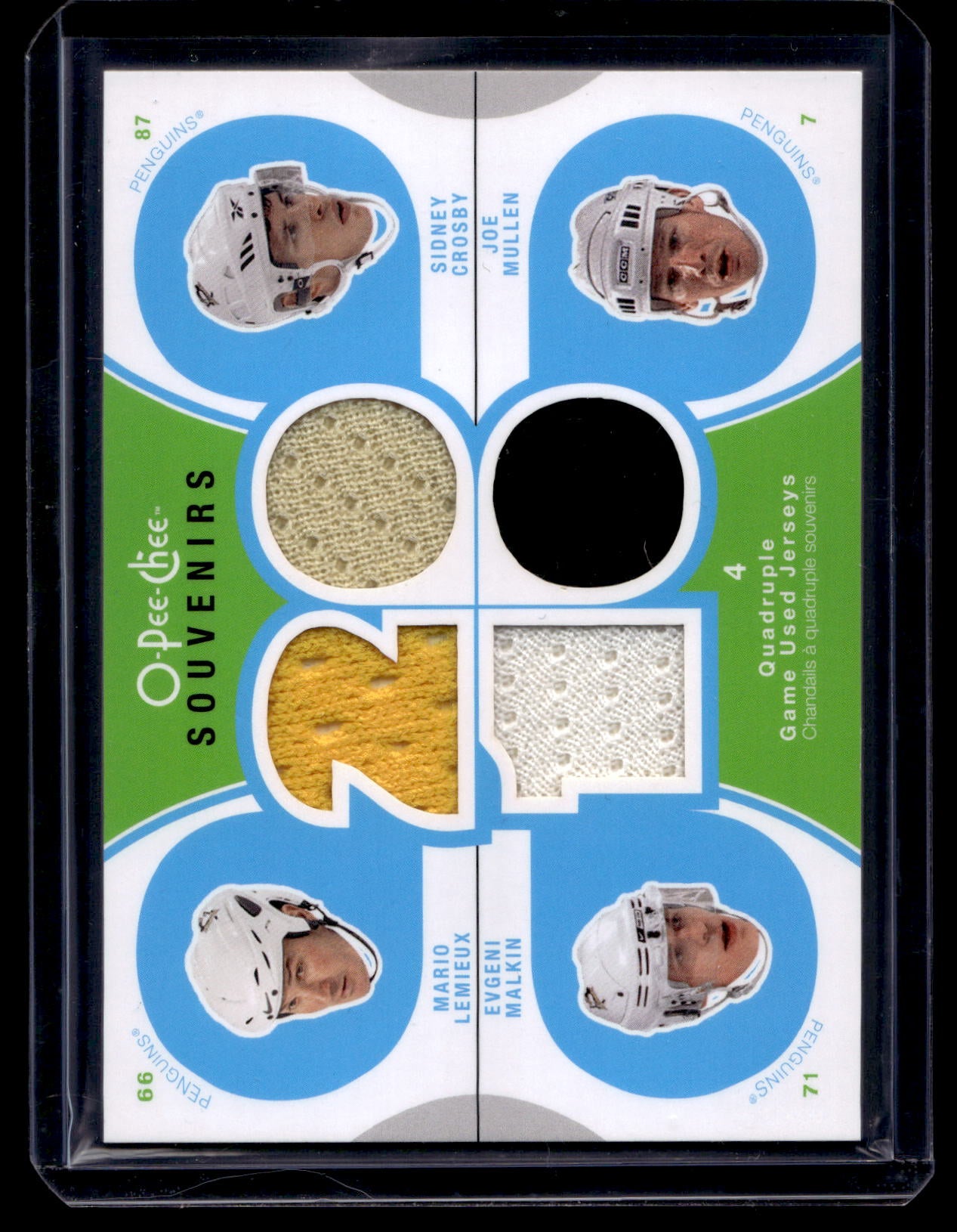 2010-11 O-Pee-Chee - Souvenirs Quadruple Game Used Jerseys - Mario Lemieux / Sidney Crosby / Evgeni Malkin / Joe Mullen #SV-PITT