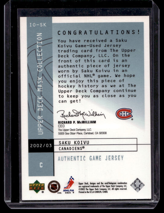 2002-03 Upper Deck Mask Collection - Instant Offense Jerseys - Saku Koivu #IO-SK /250
