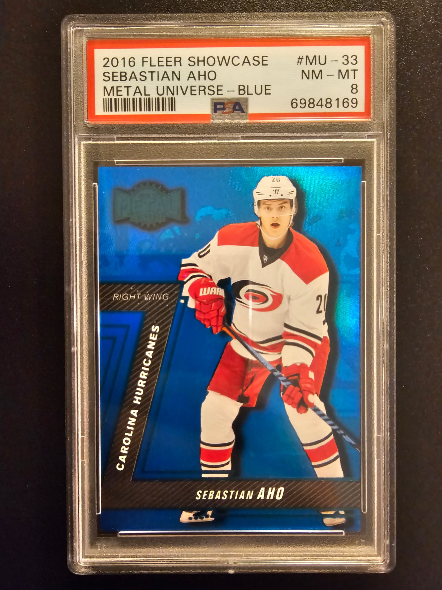 2016-17 Upper Deck Fleer Showcase - Metal Universe - Precious Metal Gems Blue Sebastian Aho #MU-33  /50 PSA 8 RY
